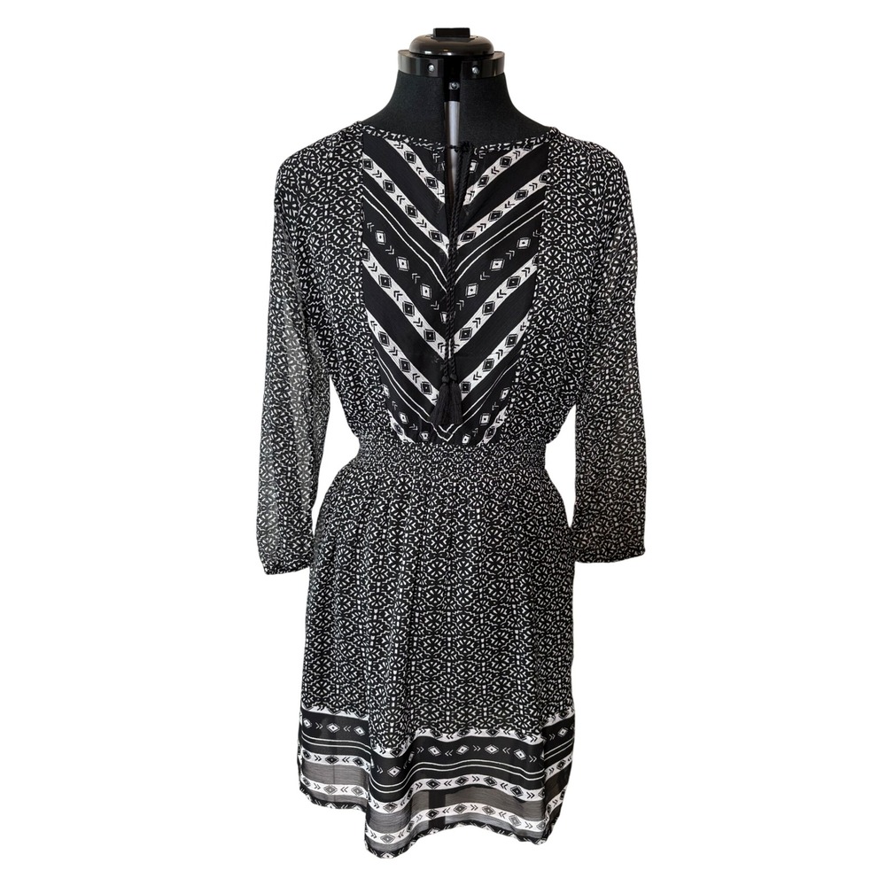 Lucky Brand Womens Small Black White Geometric Boho Tassel Smocked Waist Dress